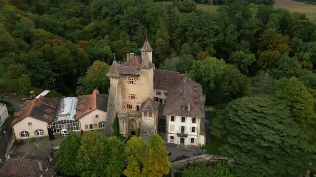 Orbit drone shot close to Vaumarcus Castle in Canton of Neuchatel Switzerland
