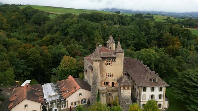 Push in drone shot close to Vaumarcus Castle in Canton of Neuchatel Switzerland