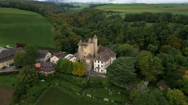 Establishing drone shot of Vaumarcus Castle in Canton of Neuchatel Switzerland