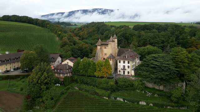 Parallax drone shot of Vaumarcus Castle in Canton of Neuchatel Switzerland