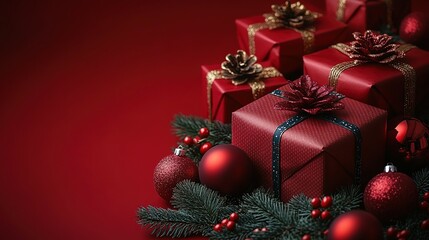 Red Christmas Presents with Pine Boughs and Ornaments