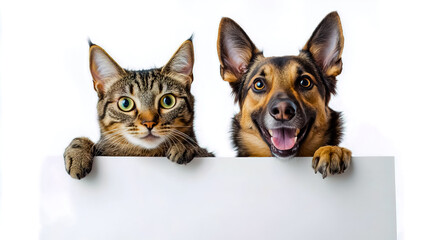 A smiling dog and cat peeking over a blank white board, set against a white background.