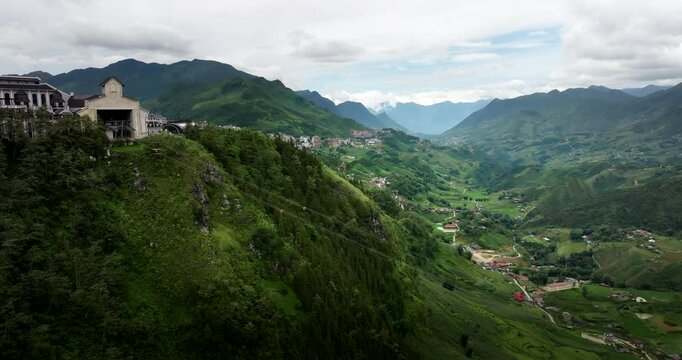 Popular Fansipan cable car ride in alpine Hoang Lien National Park, aerial
