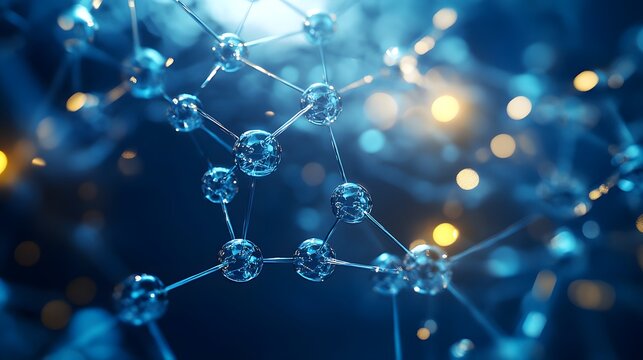 Close-up of a Molecular Structure with Blue and Yellow Bokeh Lights