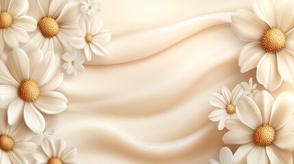 Obraz premium Minimalist chamomile daisy pattern with sunlight casting soft shadows on a neutral beige background. Elegant and natural, with copy space for text or design.