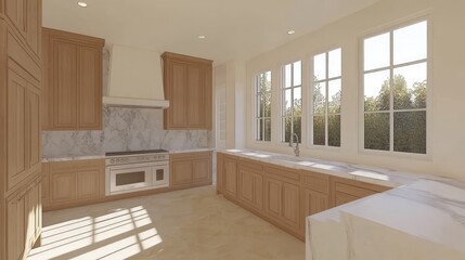 Fototapeta premium Minimalist Japanese-style kitchen with sleek marble backsplash, wood cabinets, and large windows that flood the space with natural light.