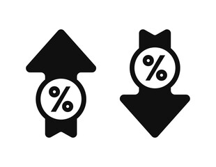Percent arrow up and down with circle frame flat style for icon, symbol, percentage growth, decline, logo, label, insigna, seal, tag, sign, seal, badge, stamp, sticker. Vector Illustration