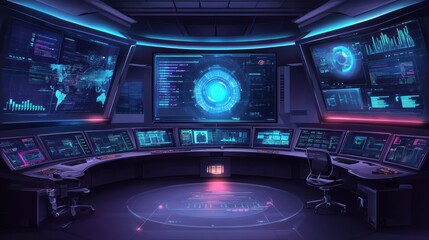 Fototapeta premium A cybersecurity command center with multiple holographic screens showing real-time threat analysis and encrypted data streams