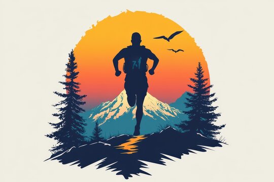 Silhouette of a Runner Against a Sunset Mountain Landscape