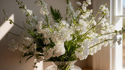 A bouquet of white flowers in the interior of the living room