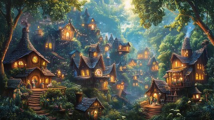 Obraz premium Enchanted Village in the Forest