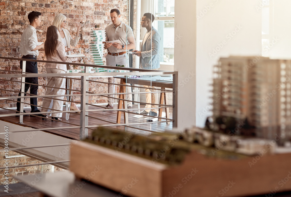 Poster people, building model and architecture meeting in office for planning, urban development and creati