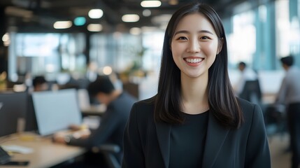 Obraz premium A Smiling Woman in a Black Blazer in an Office Setting