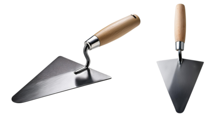 Two metal trowels with wooden handles, isolated on a white background.
