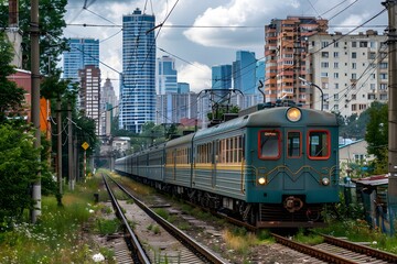 Naklejka premium Vintage Train Journeying Through a Modern Cityscape
