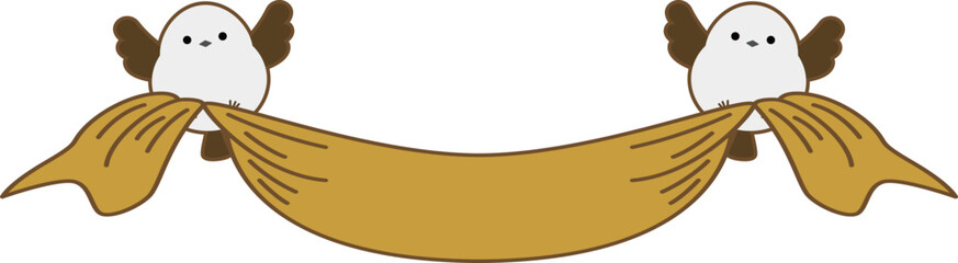 飛んでいるシマエナガとレトロなリボン