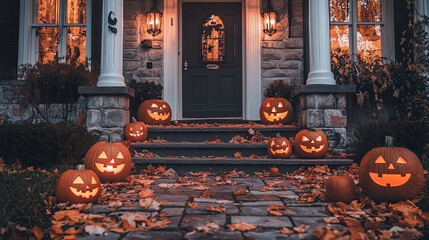 Exterior view of home decorated Halloween &nbsp;front yard of home