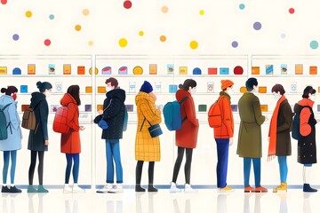 Fototapeta premium A Colorful Queue: People Waiting in a Modern Store