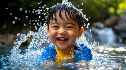 Obraz premium Child Having Fun in a Stream With Water Splashing Around Them