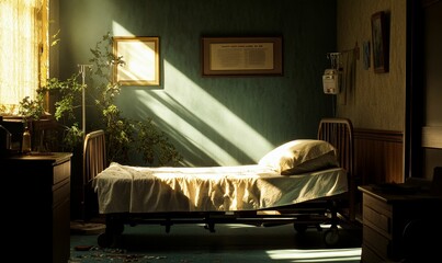 Hospital bed in a room with sunlight.