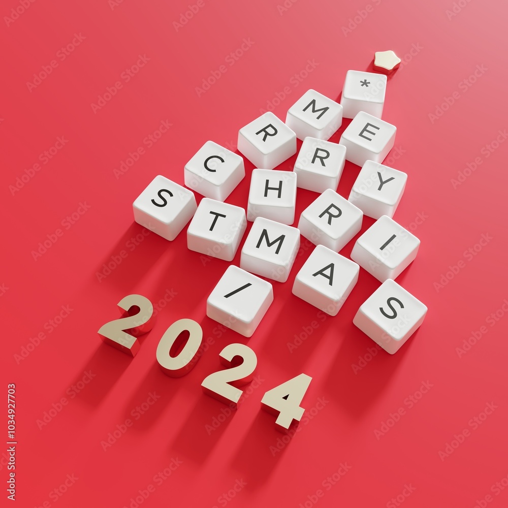 Fototapete Christmas Tree Symbol made by White Computer keys cap on Red color background. Minimal Happy new years idea concept flat lay. 3D Rendering