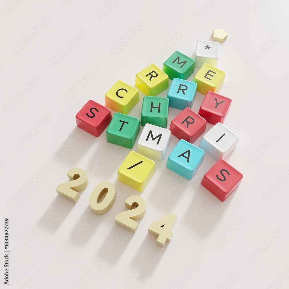 Poster christmas tree symbol made by colorful computer keys cap on white color background. minimal happy ne