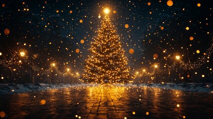 Naklejka premium Festive Christmas Tree with Lights and Snowfall at Night