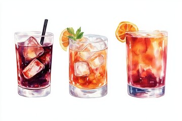 Watercolor Illustration of Three Iced Cocktails