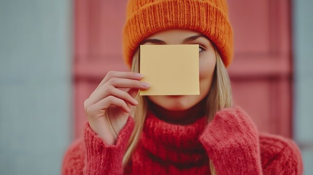 Close up of woman playfully holding sticky note in front of face, cheerful expression for creative communication, print for National Creativity Day and National Memo Day