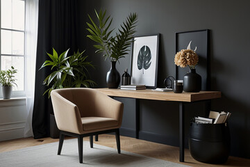 Modern Minimalist Home Office with a Stylish Design Chair and Artistic Accents