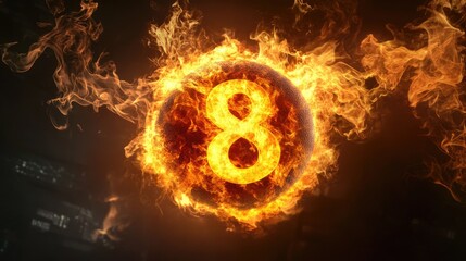 Billiard ball number eight encircled by flames representing intense heat and energy