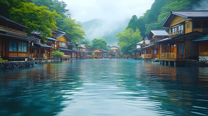 Fototapeta premium Serene Water Village: Tranquil Reflections, Wooden Homes, and Lush Greenery