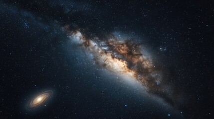 Fototapeta premium Night sky filled with stars featuring the Milky Way surrounding the constellations of Cepheus and Cygnus with the Andromeda galaxy visible in the lower left Captured using long exposure stacking