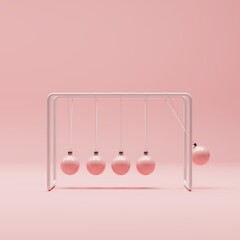 Outstanding pink color Ornament ball Swinging pendulum Newton Balls on pink studio background. 3D Rendering. Minimal Christmas idea concept.