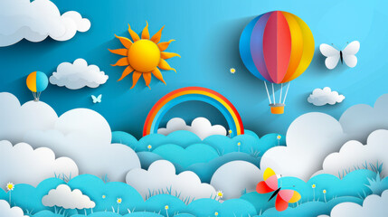 Beautiful fluffy clouds on blue sky background with summer sun
