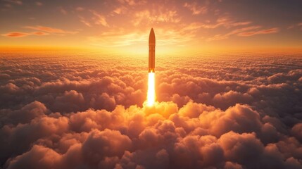 Vibrant rocket ascends into the dawn sky leaving a fiery trail as it soars above a blanket of clouds
