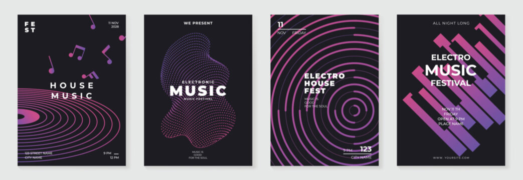 Music poster design background vector set. Electro Sound Cover template with vibrant abstract gradient geometric shape and line wave. Ideal design for social media, flyer, party, music festival, club.
