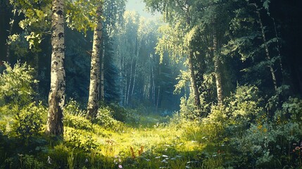 Obraz premium Serene Forest Pathway in Gentle Morning Light