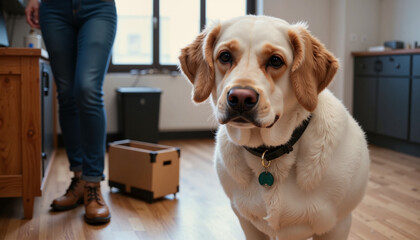 Labrador Retriever standing indoors on wooden floor with owner