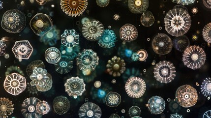 Ancient microbes under microscope reveal intricate cellular structures, showcasing their mysterious and ancient nature, ideal for scientific and educational content.