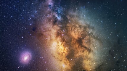 Obraz premium Night sky filled with stars featuring the Milky Way surrounding the constellations of Cepheus and Cygnus with the Andromeda galaxy visible in the lower left Captured using long exposure stacking