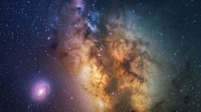 Night sky filled with stars featuring the Milky Way surrounding the constellations of Cepheus and Cygnus with the Andromeda galaxy visible in the lower left Captured using long exposure stacking