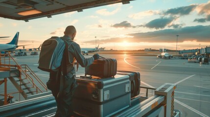 A baggage handler loading suitcases into a plane's cargo hold, with an airport runway and other planes visible, Aviation setting with ground crew activity