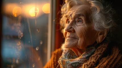 Obraz premium lonely old woman is relaxing beside window at nursing home with his good friendship golden retriever dog. 