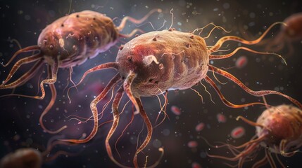 Obraz premium Ancient microbes under microscope reveal intricate cellular structures, showcasing their mysterious and ancient nature, ideal for scientific and educational content.