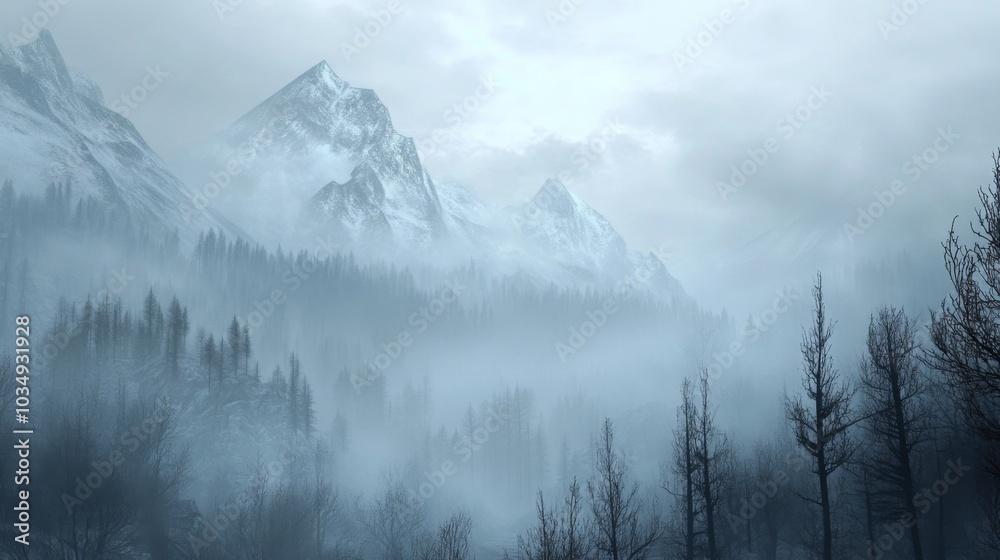 Poster a dense fog envelops towering mountains as morning light struggles through the mist, revealing a ser