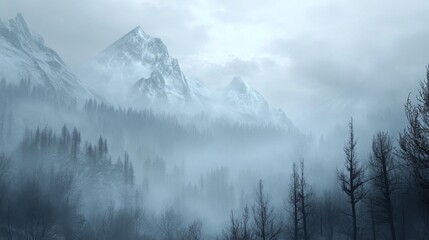 Obraz premium A dense fog envelops towering mountains as morning light struggles through the mist, revealing a serene landscape. The surrounding forest stands still, creating an atmosphere of calmness and mystery.