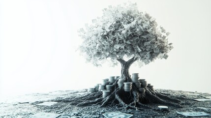 A conceptual tree with roots of stacked coins, a trunk made of financial documents
