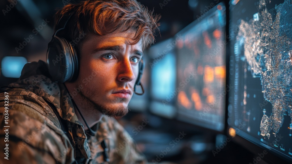 Leinwandbilder A young soldier focuses on several computer screens filled with data and maps, engaged in a crucial task at a military monitoring station during the night.