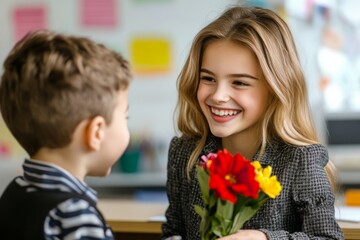 A boy gives a girl a flower at school.  They smile at each other